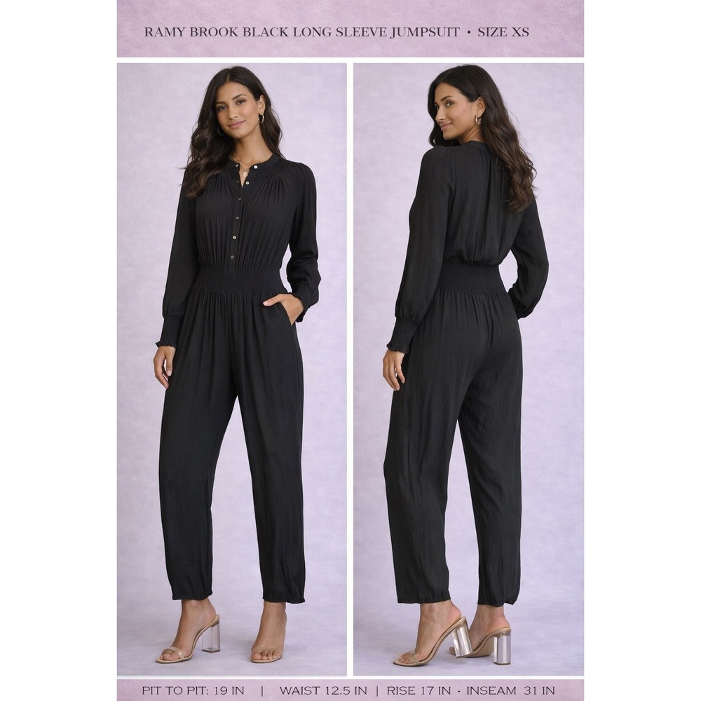 Ramy Brook Black Long Sleeve Jumpsuit XS Smocked Waist Pleated Button Front